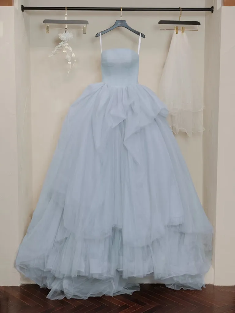 A-Line Tulle Gray Blue Long Prom Dress, Gray Blue Long Evening Dress