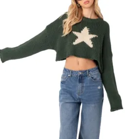 Custom Star Jacquard Crop Knit Sweater | OEM/ODM 100% Cotton Pullover Manufacturer