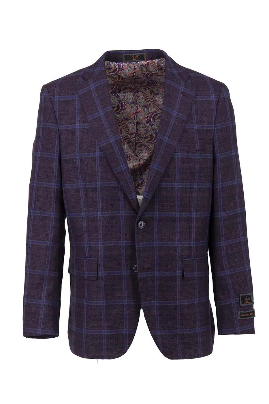 Eggplant with Blue Windowpane Dolcetto Modern Fit, Pure Wool Jacket by Tiglio Luxe