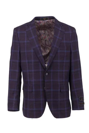 Eggplant with Blue Windowpane Dolcetto Modern Fit, Pure Wool Jacket by Tiglio Luxe