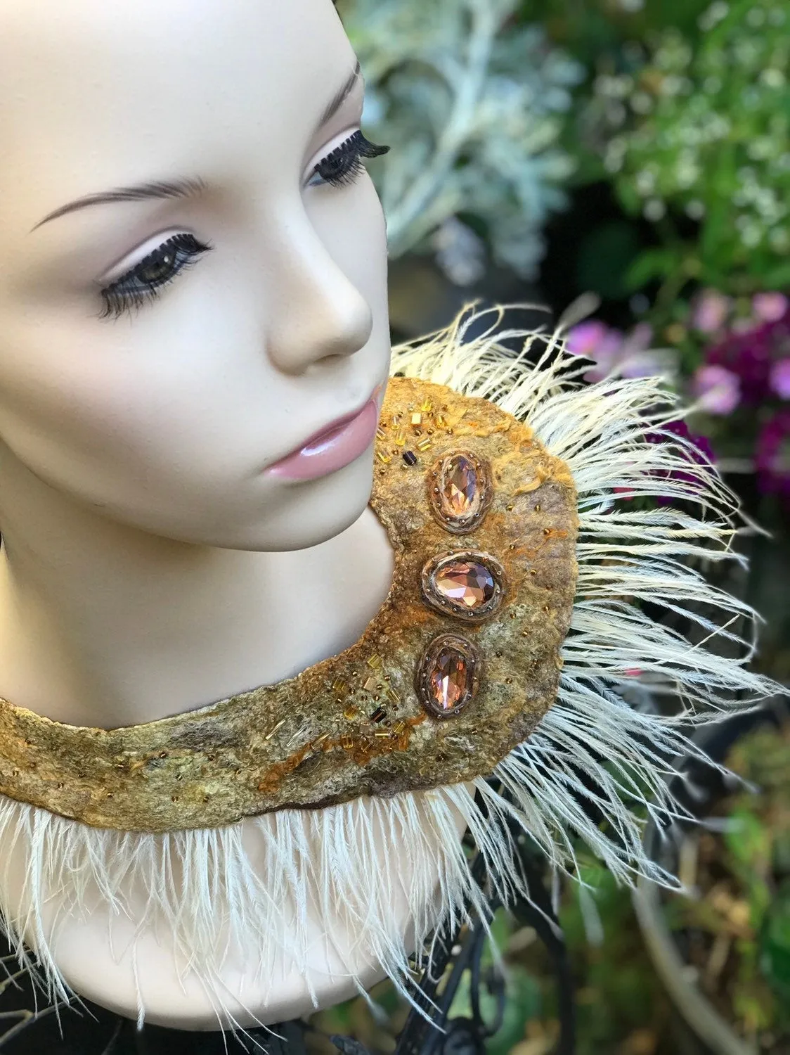 Felted Necklace Collar With Glass Beads and Feathers