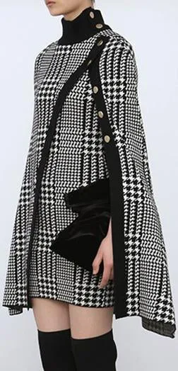 Houndstooth High-Neck Cape-Dress