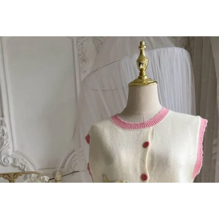 Long-Sleeve Collar Plain Bow Button Midi A-Line Dress / Crew Neck Floral Button Sweater Vest