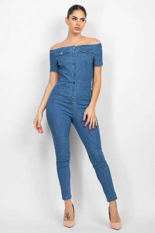 Medium Denim Button-Down Off-Shoulder Denim Jumpsuit