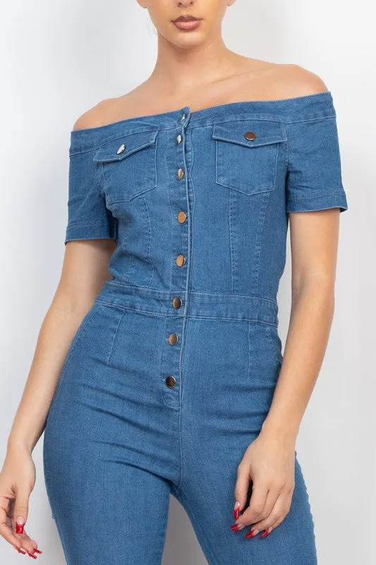 Medium Denim Button-Down Off-Shoulder Denim Jumpsuit