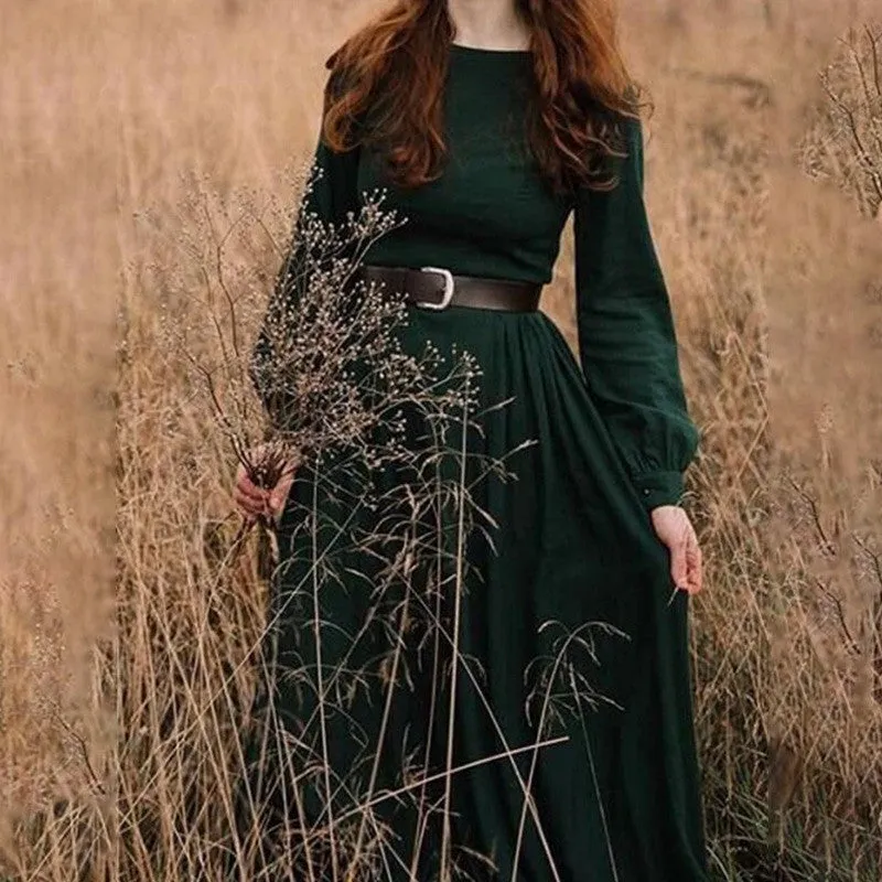 Solid color round collar long sleeves mid length dress for women
