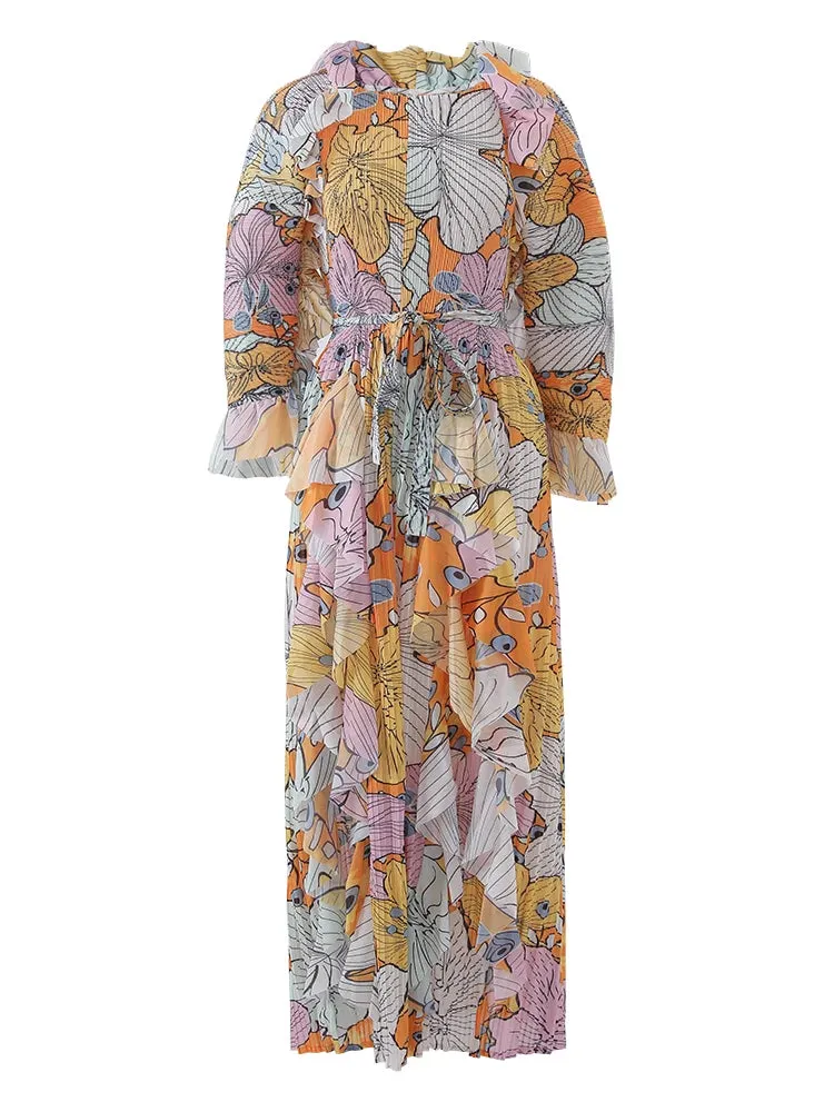 Women's Elegant Floral Ruffle Pleated Midi Dress