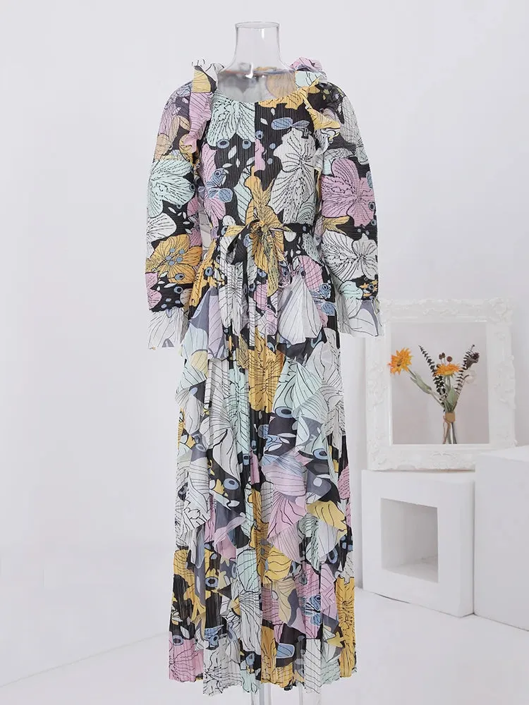 Women's Elegant Floral Ruffle Pleated Midi Dress