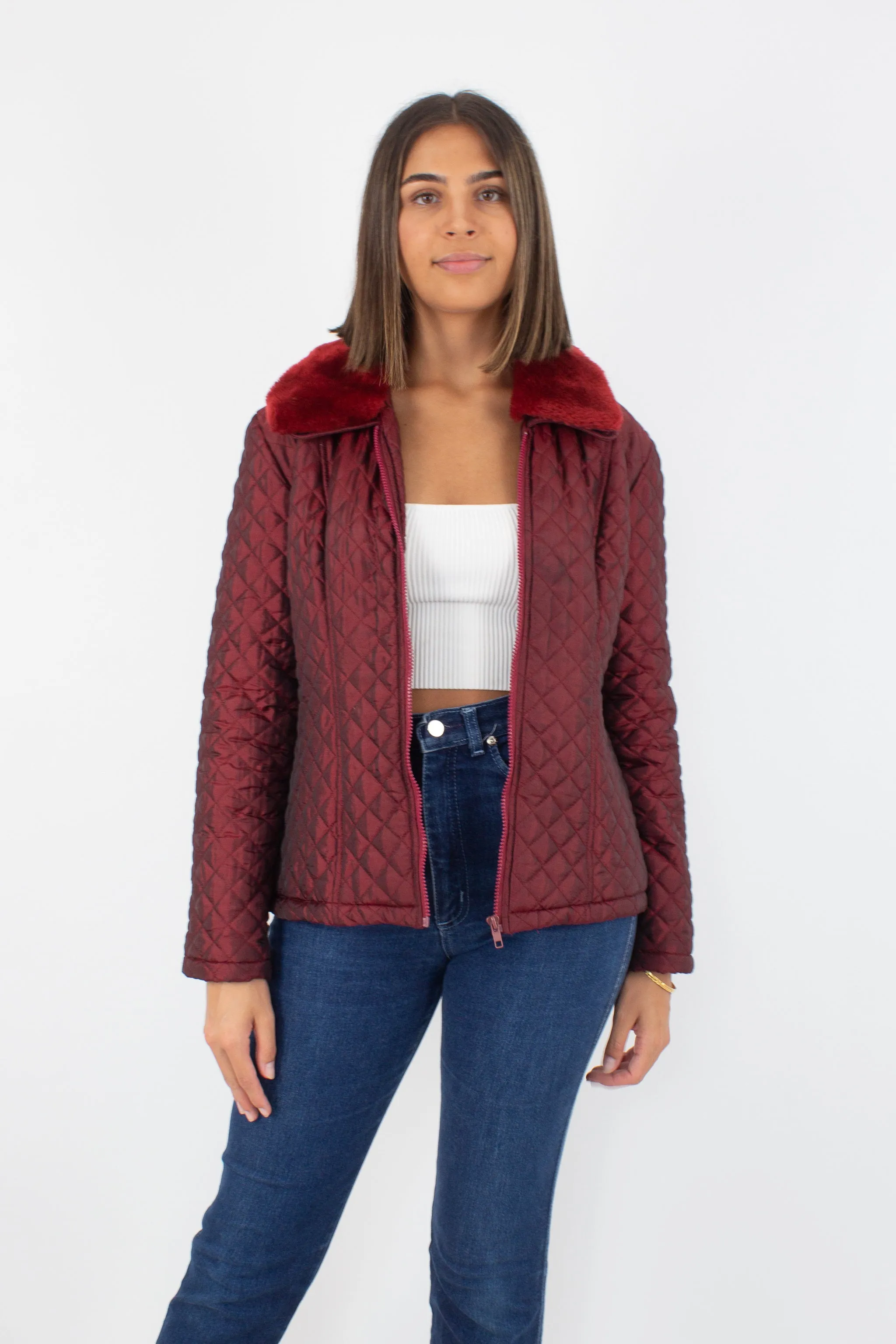 Y2K Maroon Metallic Quilted Jacket with Faux Fur Collar - Size S