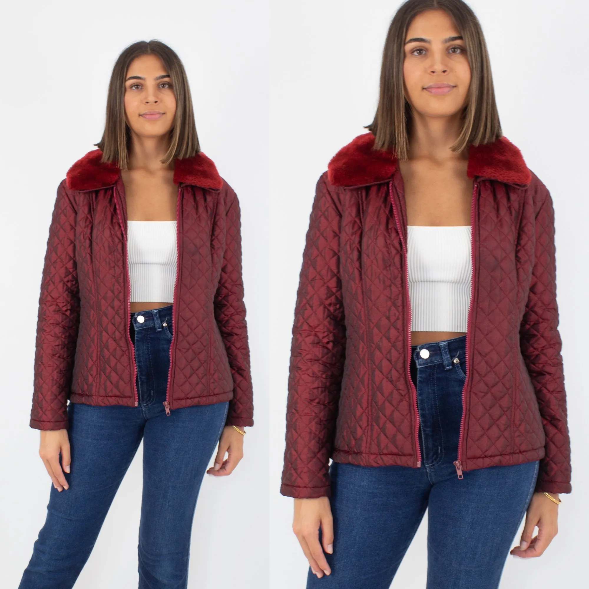 Y2K Maroon Metallic Quilted Jacket with Faux Fur Collar - Size S