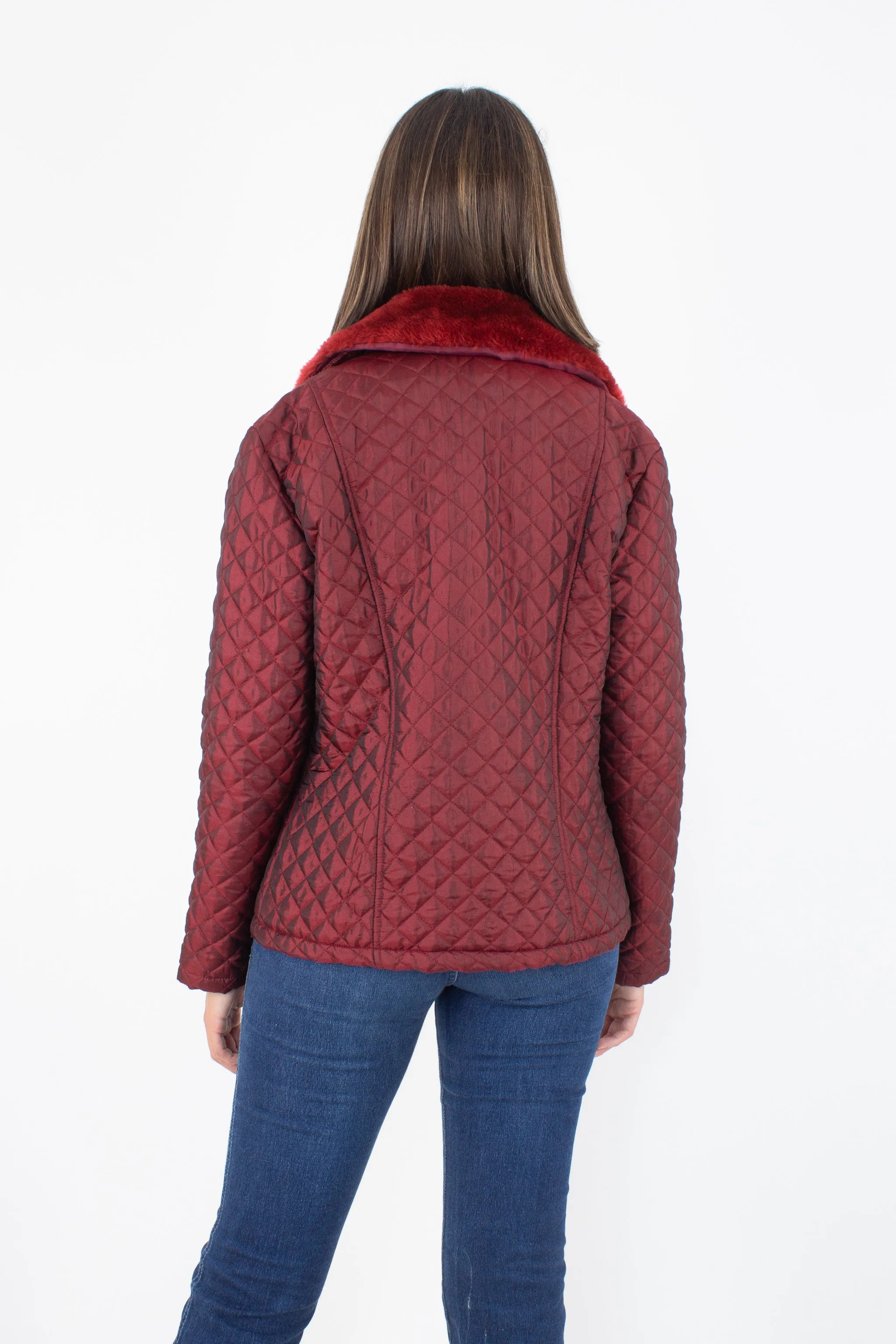 Y2K Maroon Metallic Quilted Jacket with Faux Fur Collar - Size S